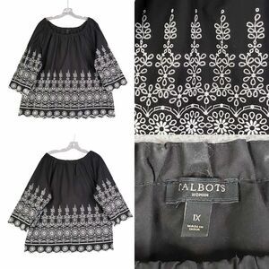 Talbots Tunic Top Shirt Women's Plus 1X Black White Embroidered 3/4 Sleeve